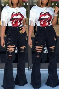 Hose weites Bein Hose Damen Glockenboden Schlag Denim Jeans High Waist Ripped - Bild 1 von 9