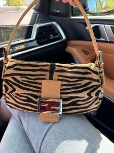 100% AUTHENTIC FENDI BAGUETTE PONY CALF HAIR ZEBRA BLACK TAN RED BUCKLE - Picture 1 of 9