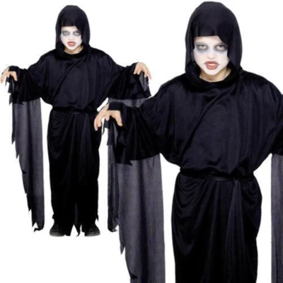 Boys Grim Reaper Costume Black Robe Ghoul Scary Halloween Fancy Dress New - Image 1 of 3