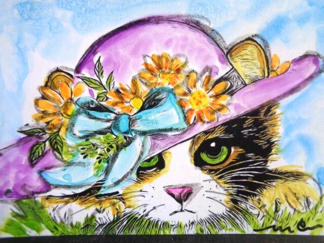 ACEO 可爱 FANCY KITTY 花园猫绘画 — 第 1/1 张图片