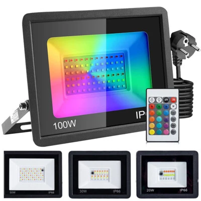 LED Fluter RGB mit Fernbedienung Stecker Flutlicht Strahler Scheinwerfer Garten - Bild 1 von 4