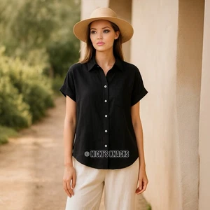 Cabana Black Linen Blend Short Sleeve Button Down Shirt High Low Hem Size XS - Picture 1 of 11