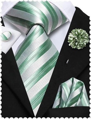 Conjunto de corbatas de hombre Hi-Tie corbata tejida y solapa pin bolsillo cuadrado verde blanco  Foto 1 de 4