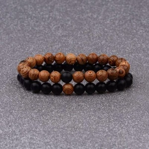 Couples Distance Bracelets Natural Wood Stone White And Black Yin Yang Bracelets - Picture 1 of 28