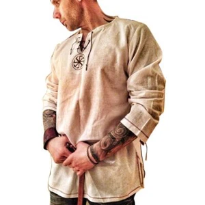 Men's Fashion Cotton Linen Shirt Long Sleeve Solid Color Ethnic Beach Yoga To... - Picture 1 of 5