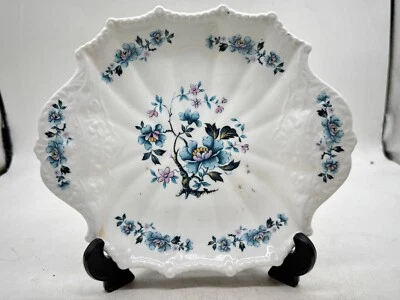 VINTAGE FLORAL EMBOSSED SERVING DISH ORNATE EDGE WHITE BLUE FLOWERS BOWL - Image 1 of 4