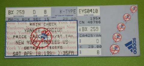 New York Yankees Ticket Stub | April 10 1999 | Derek Jeter Hit Roger Clemens Win Cover
