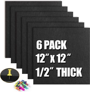 6 Pack 12x12 Cork Board Tiles with 60 Push Pins, Self-Adhesive, Black - Picture 1 of 8
