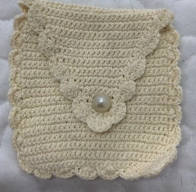 Vintage Bobble Knit  Change Purse Lined Closure Gold Faux Pearl  Button 4 X 4" - Image 1 of 4