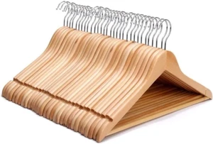 Strong Natural Wood Wooden Coat Hangers with 360 Degree Rotatory Hook & round Tr - Picture 1 of 7