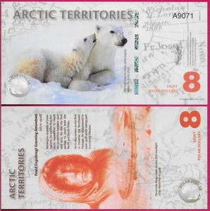 ARCTIC TERRITORIES 8 POLAR DOLLARS 2011 A,NEW,FANTASY NOTE,POLAR BEARS,Script:La - Picture 1 of 1