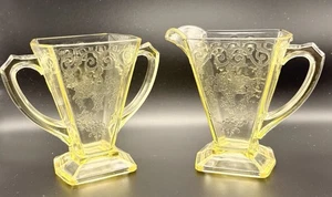 Vintage Indiana Lorain Korb gelb Depression Glas Milchkännchen & Zucker Set - Bild 1 von 3