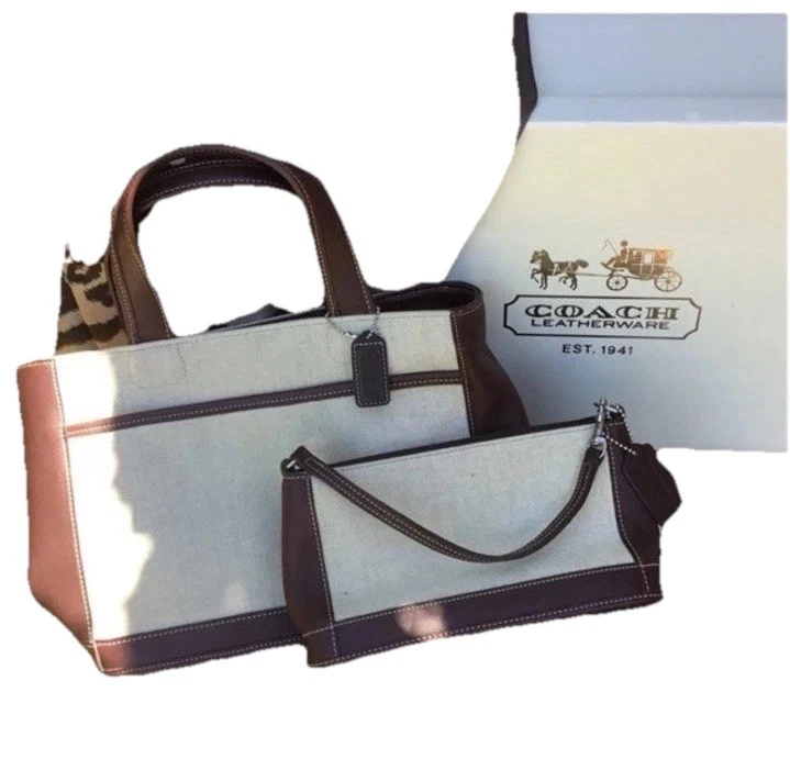 Bolso de mano Coach vintage de lino y cuero con juego de inserciones a juego Foto 1 de 3