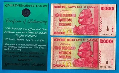 2 billetes de 100 millones de dólares de Zimbabue ZA 2008 auténticos ZA0032866 ZA0026576 Foto 1 de 3