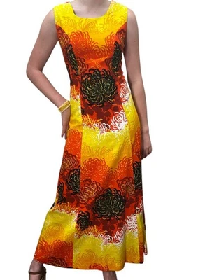 Vtg 70s M Hawaiian Maxi Dress FELY'S Barkcloth Floral MUM Back Watteau Pleat - Image 1 of 4