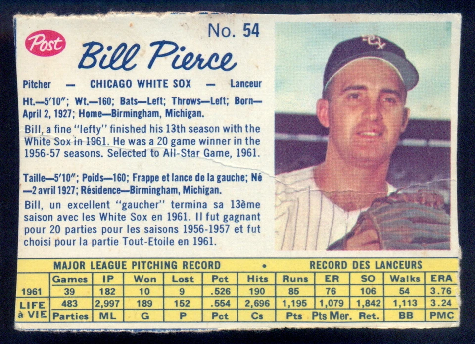 1962 POST CANADIAN MLB BASEBALL #54 BILL PIERCE VG-EX CHICAGO WHITE SOX Card - Image 1 of 2