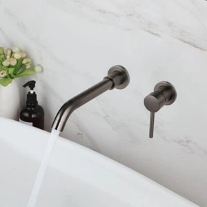 2PCS Gun Metal Bathroom Sink Faucet Single Handle Wall Mounted Brass Mixer Tap - Picture 1 of 8