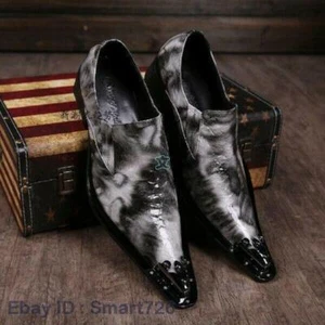 Mens Chic Leather Pointy Metal Toe Dress Oxfords Slip on Shoes Wedding Party Hot - Picture 1 of 16