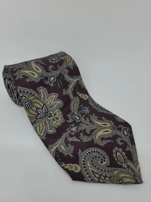Wembley Mens Neck Silk Tie Burgundy/Gray Floral Pattern Made in USA 56.5"l x 4"w - Image 1 of 4