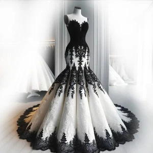 Gothic Black and White Wedding Dress Strapless Lace Applique Mermaid Bridal Gown - Picture 1 of 11