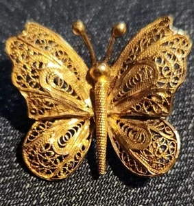Vintage Deco FM92 Gold/ Sterling Silver Filigree 925 Butterfly Pin Brooch - Picture 1 of 4