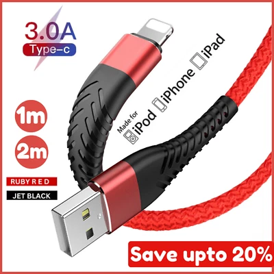 Genuine Heavy Duty Braided Fast Charger Cable Lead For iPhone 14 13 12 11 X 8 7 - Image 1 of 4