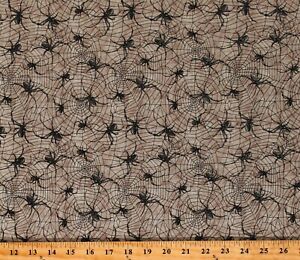 Cotton Spiders Bugs Spiderwebs Deja Boo Tan Fabric Print by the Yard D775.96