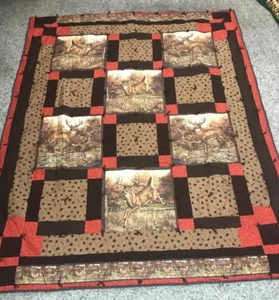 Homemade 70" x 89" White Tail Deer Buck Quilt Cotton Fabric Brown and Orange - Picture 1 of 3
