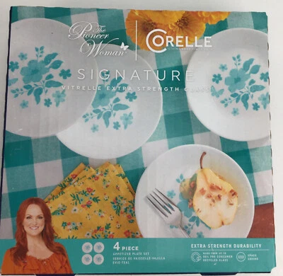 THE PIONEER WOMAN 4 PC APPETIZER PLATE SET BY CORELLE EVIE TEAL FREE SHIPPING - Image 1 of 4