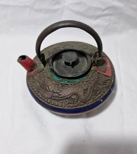 Antique Tibet bronze carved 2 dragons +inlaid turquoise and coral teapot L15cm - Picture 1 of 9