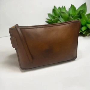 VTG Coach Portfolio Zip Top Clutch 9555 Tan Leather Bag 80s NYC Wrist Strap +Tag - Picture 1 of 7