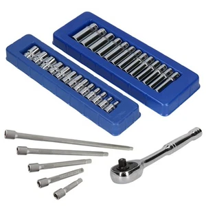 1/4" Drive Metric 6 Sided Sockets Shallow + Deep Extensions + Ratchet 32pc - Picture 1 of 7