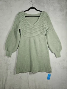 CUPSHE Crochet/Honeycomb Knit Long Balloon Slvs V-Neck Sweater Dress Sage Sz S - Picture 1 of 15