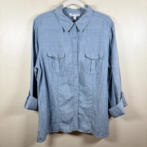 JM Collection Top Damen 16 Blau Chambray 100% Leinen Rollriegelärmel Coastal - Bild 1 von 8