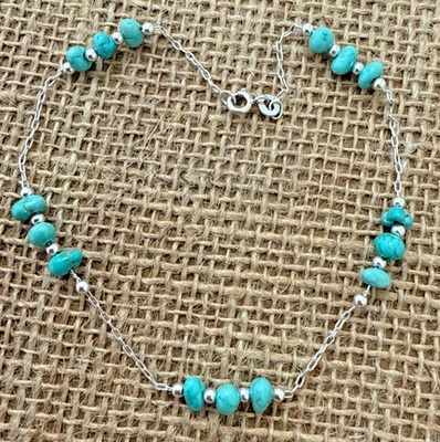Handmade ~ Sterling Silver .925 Lone Mt. Turquoise 10" Ankle Bracelet Anklet #74 - Image 1 of 4