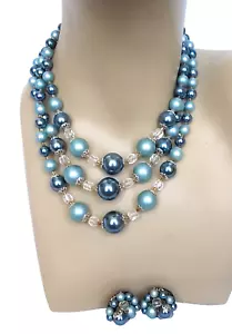 Teal Blue Beaded Necklace 3 Strands Japan Vintage Silvertone Cluster Earrings - Picture 1 of 11