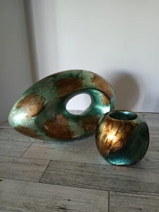 Oval Art Decor With Matching Candle Holder Peacock Blue Gold - Picture 1 of 8