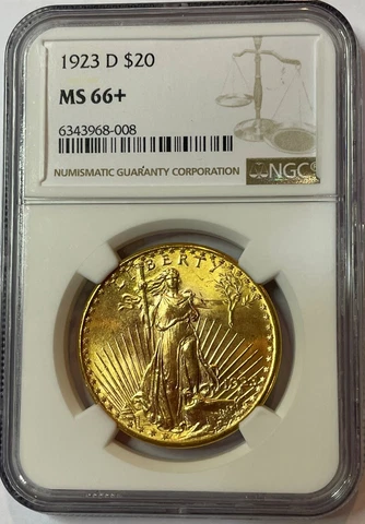 1923-D $20 BRILLIANT Saint-Gaudens Gold Double Eagle PCGS MS-66+ FABULOUS LUSTER Cover