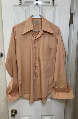 Camisa Puño Francés Vintage Años 70 Naranja Pálido Polialgodón, Van Heusen, Talla 15x33, M Foto 1 de 4