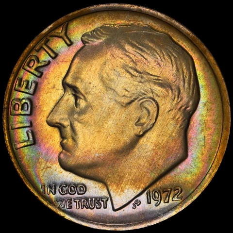 1972 10C MS66 Toned Roosevelt Dime - PCGS Gold Shield - Beautiful Album Toning Cover