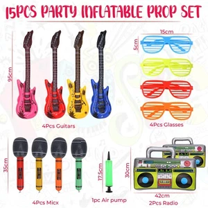 Inflatable Party Props 15pcs Set Guitars Mics Radios Glasses with Air Pump Fun - Picture 1 of 11