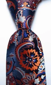 New Classic Floral Dark Blue White Orange JACQUARD WOVEN Silk Men's Tie Necktie - Picture 1 of 2