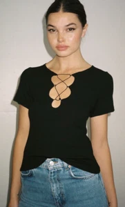 LNA Womens Lace Up Top Small Black Ribbed Short Sleeve Stretch Charlee $99 - Picture 1 of 5