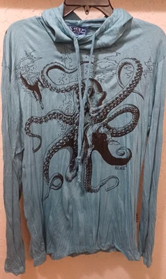 SURE Hoodie M Pullover Kraken Octopus Graphic Lightweight Cotton Aqua Blue - Image 1 of 4