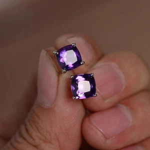 Natürlicher Amethyst Kissenstein 925 Sterling Silber Damen Designer Ohrstecker - Picture 1 of 4
