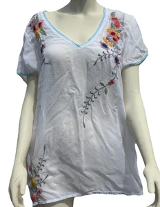 Johnny Was Damen Large Top Cupra Viskose Blumen bestickt weiß Boho Bluse - Bild 1 von 12