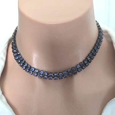 Fashion Black Metal Amethyst Color Glass Prong Choker Necklace 16"L - Image 1 of 4