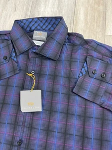 Camicia Thomas Dean XL Pima cotone con bottoni viola blu a quadri logo TD nuova con etichetta - Foto 1 di 7