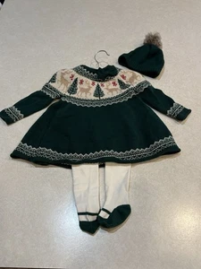 Tahari Green Baby Girls Christmas Sweater Dress, Tights & Hat Set 6-9 Months New - Picture 1 of 6