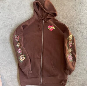 ED HARDY "Angel" Look Design Heart Zip Up Hoodie Mens Size Large - Picture 1 of 2